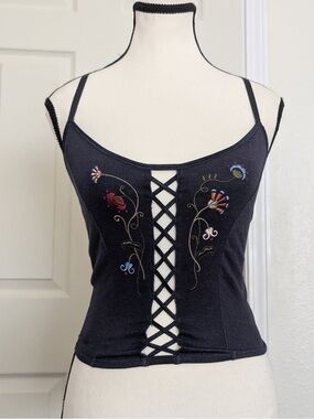 Rampage Black/Blue Lace-Up Embroidered Spaghetti Strap Camisole